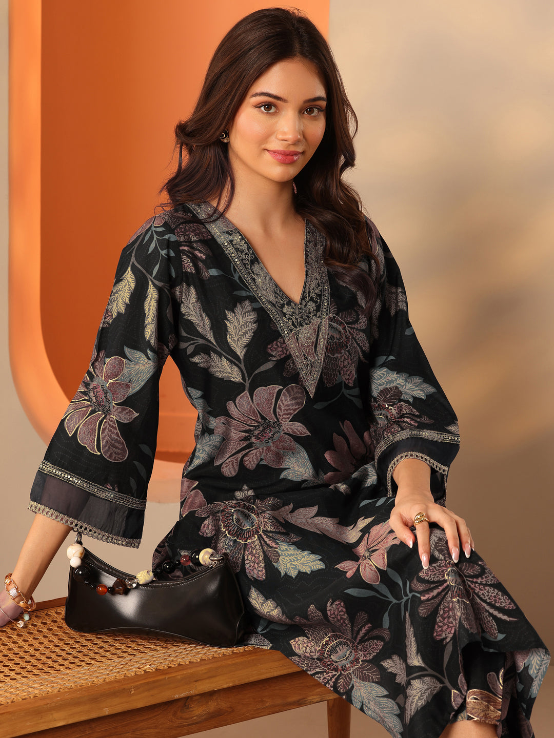 Black Printed Silk Blend Co-Ord Sets