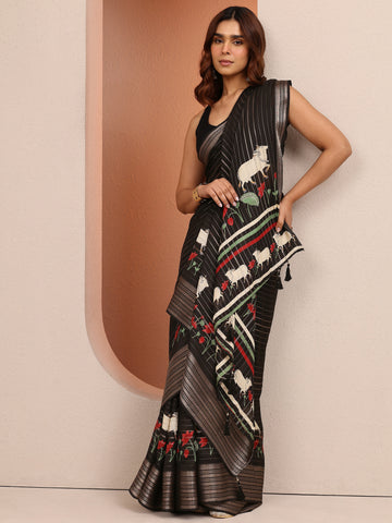Black Printed Silk Blend Saree With Unstitched Blouse Piece