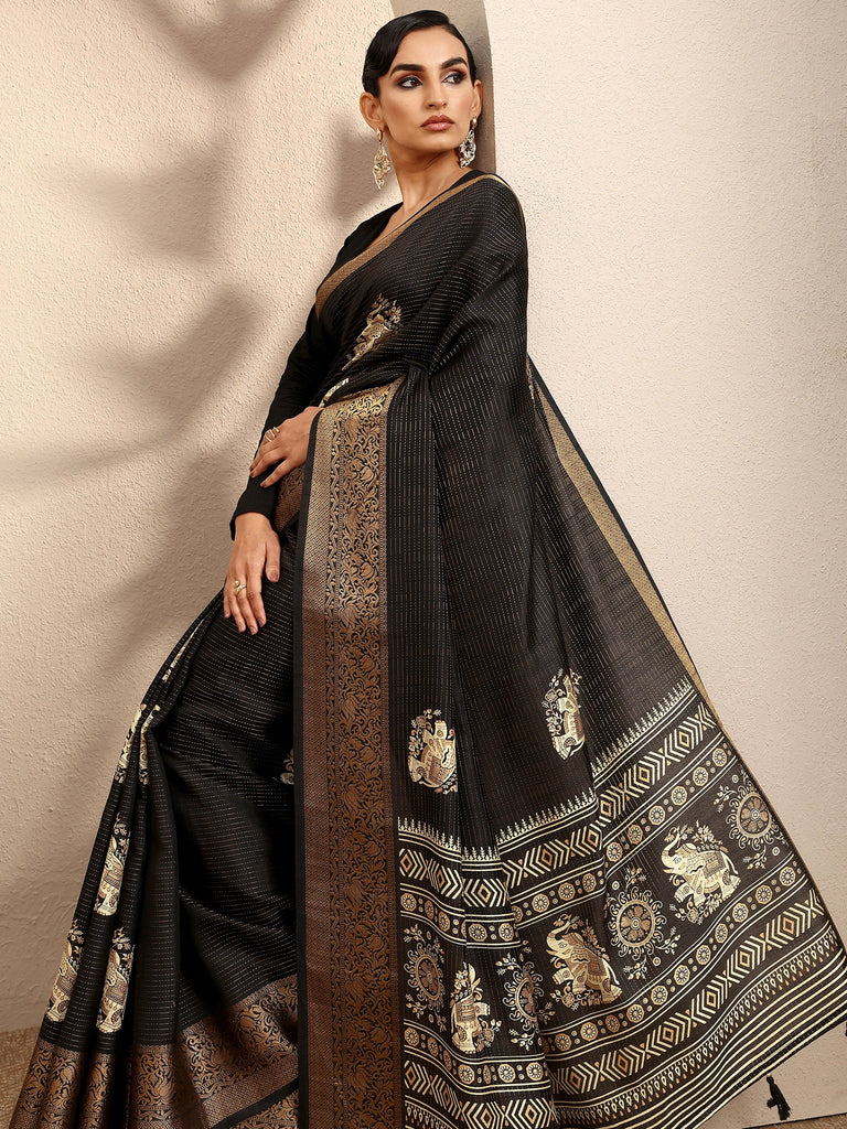 Libas Black Printed Silk Blend Saree With Unstitched Blouse Piece