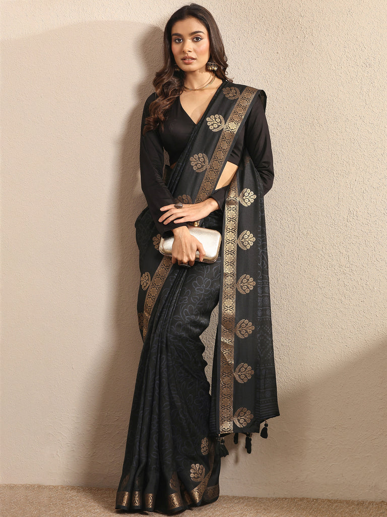 Libas Black Printed Silk Blend Saree With Unstitched Blouse Piece