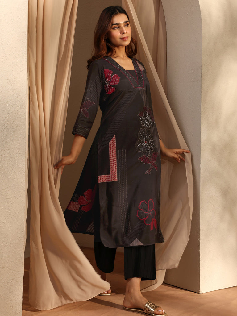 Libas Black Printed Silk Blend Straight Kurta