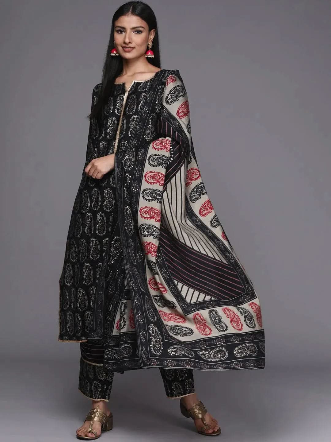 libas Black Printed Silk Blend Straight Kurta With Dupatta-picture-44
