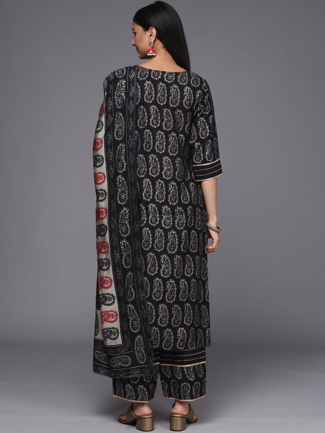 Black Printed Silk Blend Straight Kurta With Dupatta
