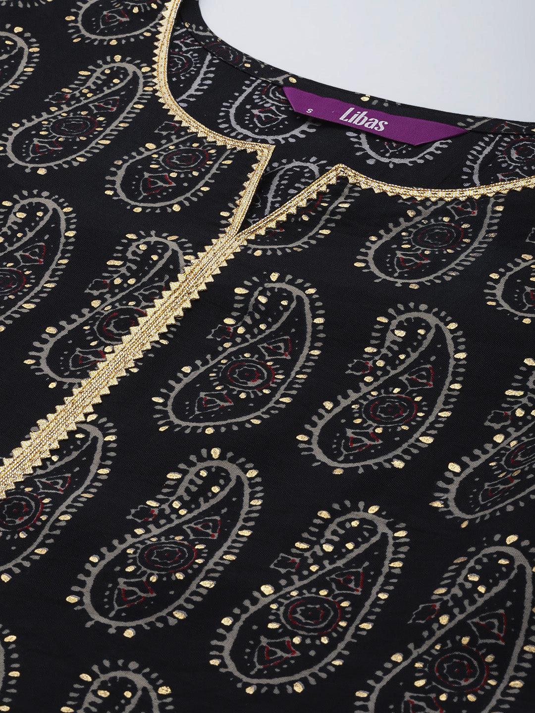 Black Printed Silk Blend Straight Kurta With Dupatta