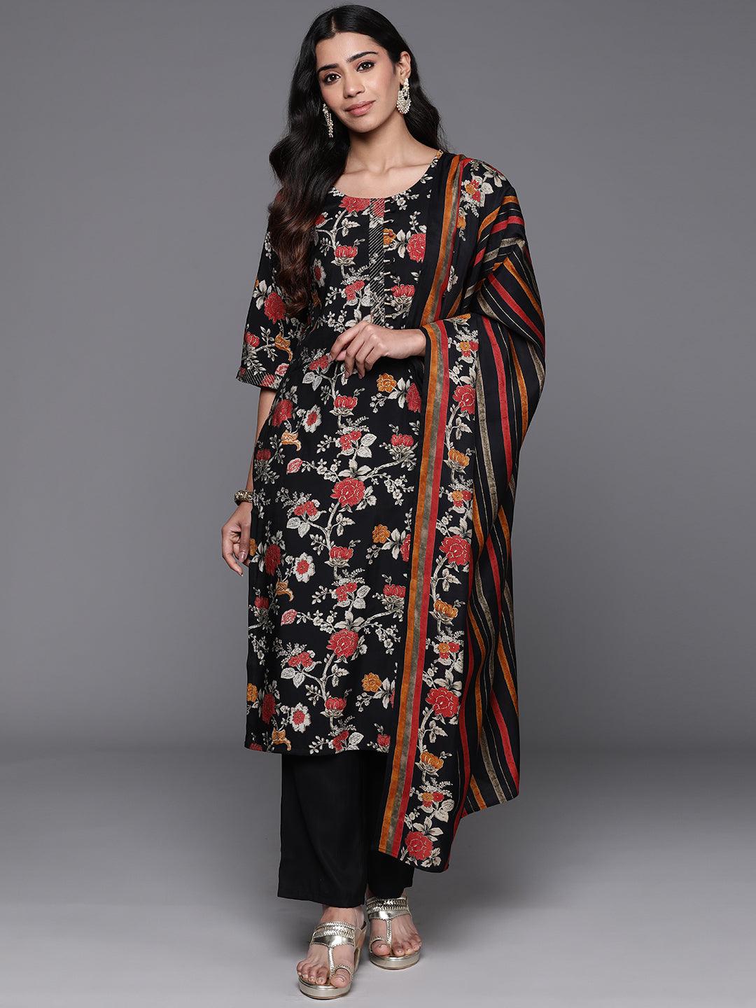 Black Printed Silk Blend Straight Suit With Dupatta