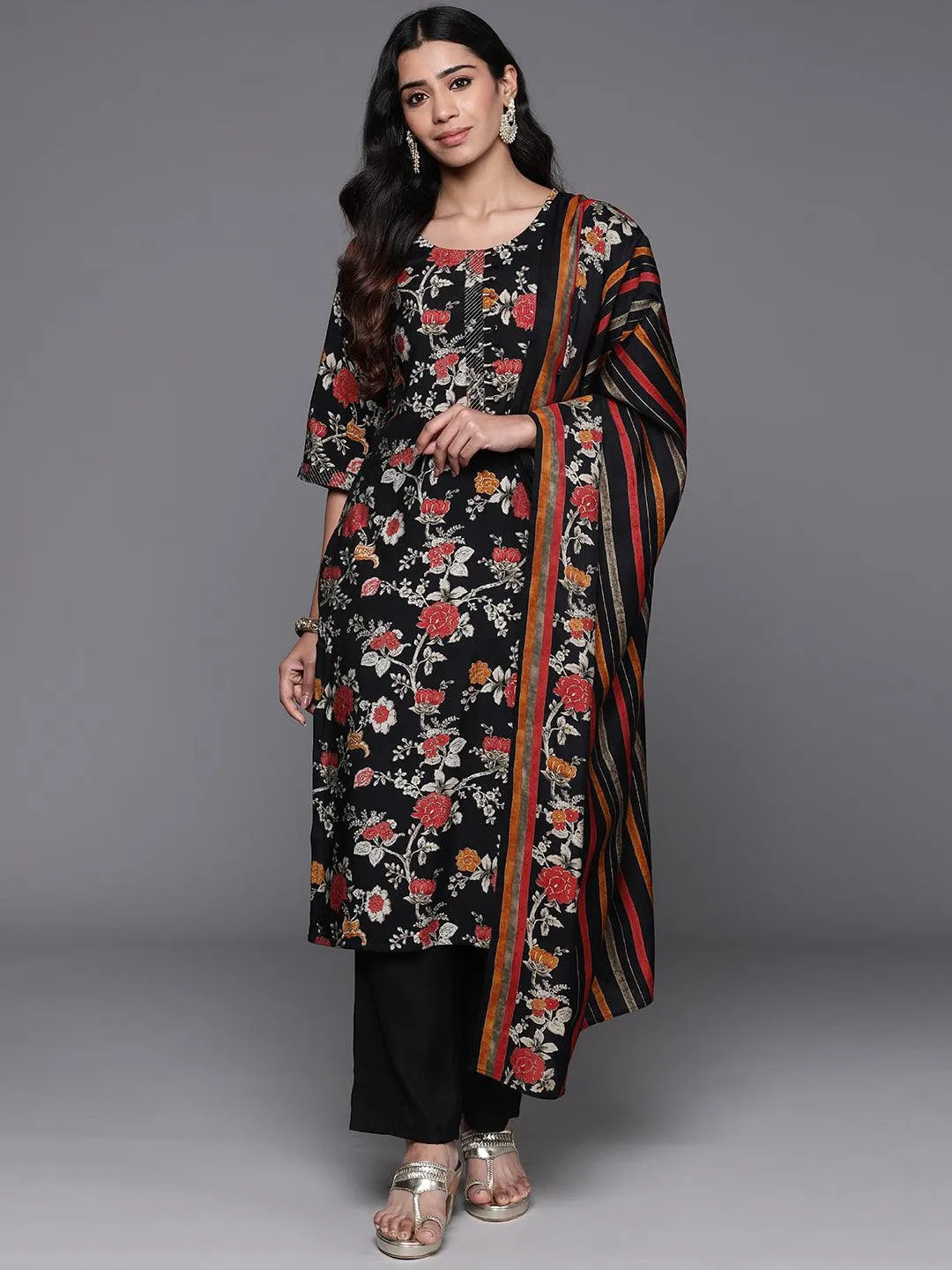 Black Printed Silk Blend Straight Kurta With Palazzos & Dupatta - Libas