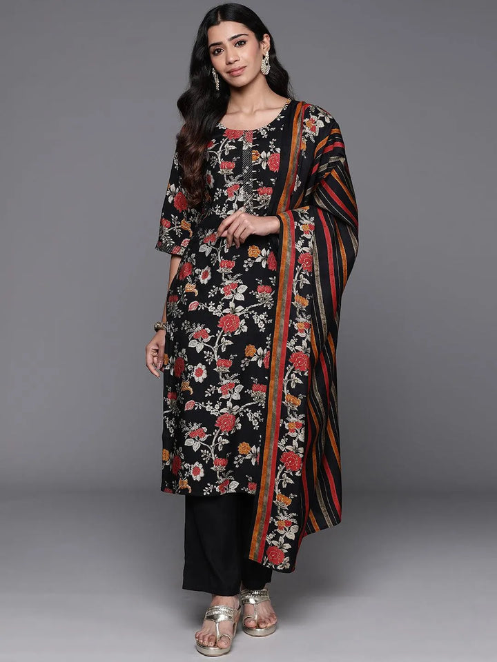 Black Printed Silk Blend Straight Kurta With Palazzos & Dupatta - Libas