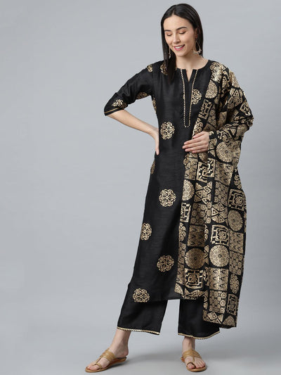 Black Printed Silk Blend Suit Set - Libas