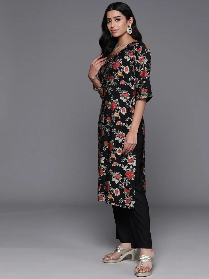 Black Printed Silk Blend Straight Kurta With Palazzos & Dupatta - Libas