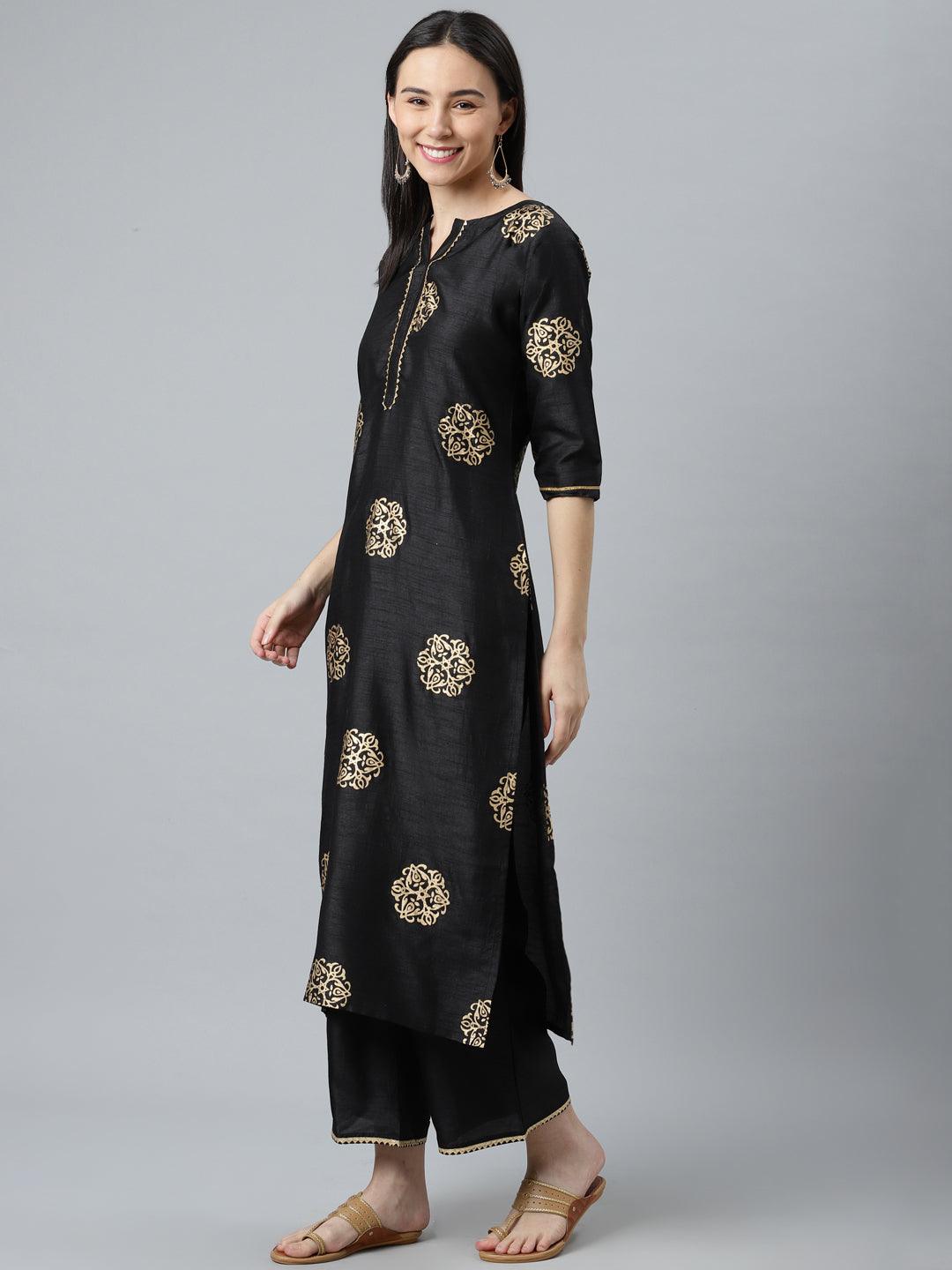 Black Printed Silk Blend Suit Set - Libas
