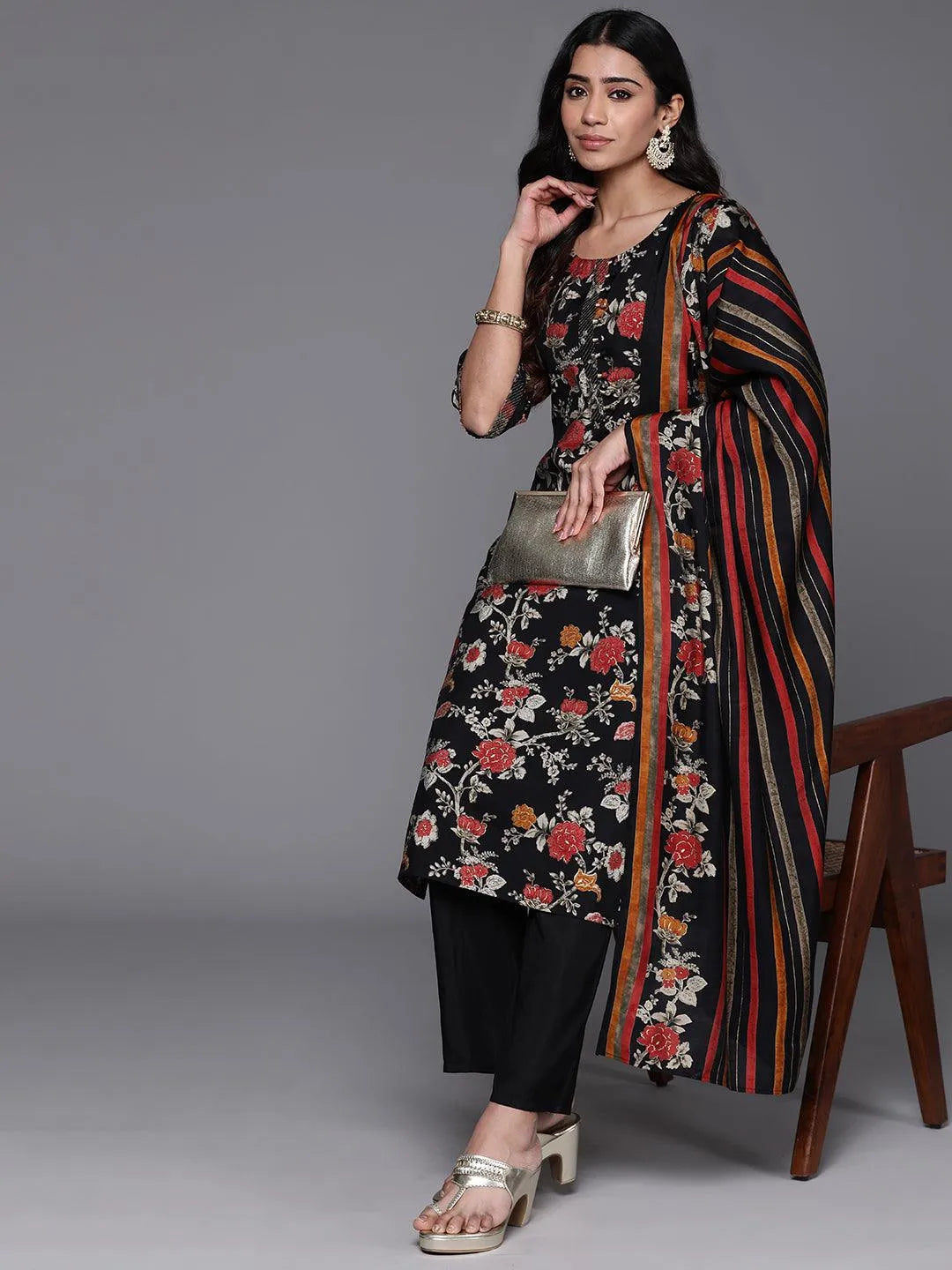 Black Printed Silk Blend Straight Kurta With Palazzos & Dupatta - Libas