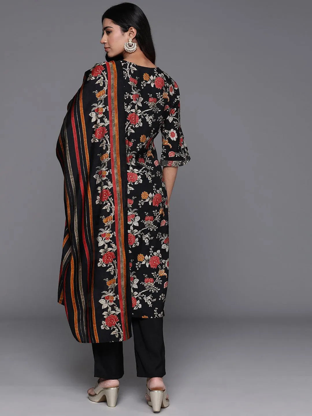 Black Printed Silk Blend Straight Kurta With Palazzos & Dupatta - Libas