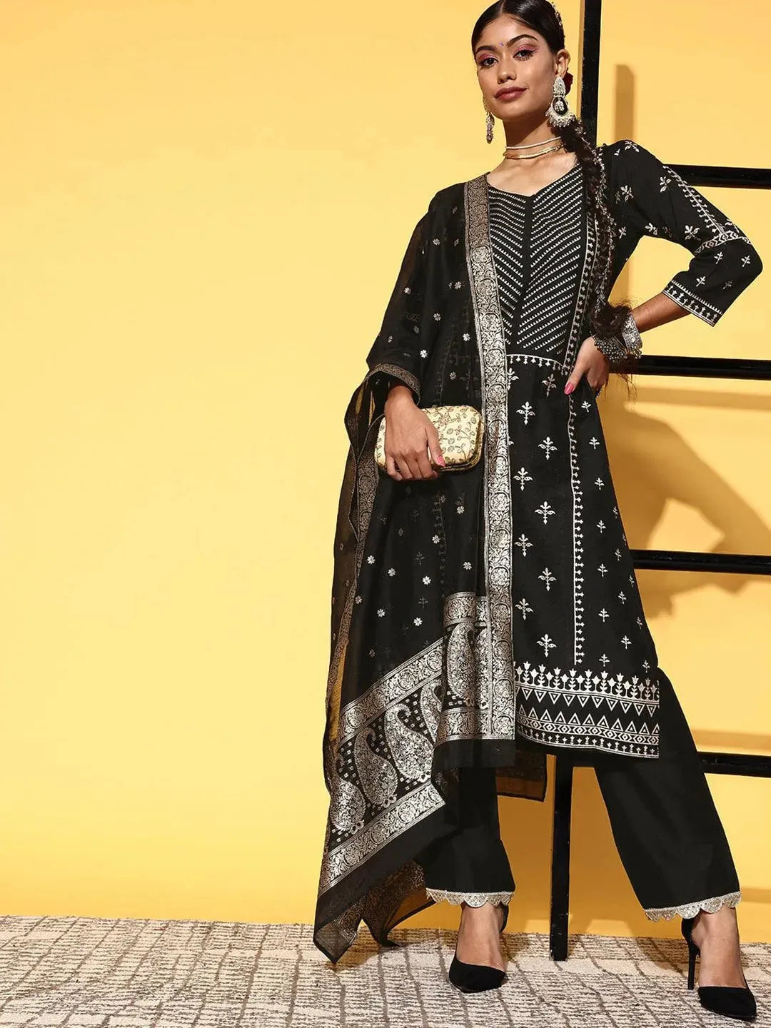 Black Printed Silk Blend Straight Suit Set - Libas 