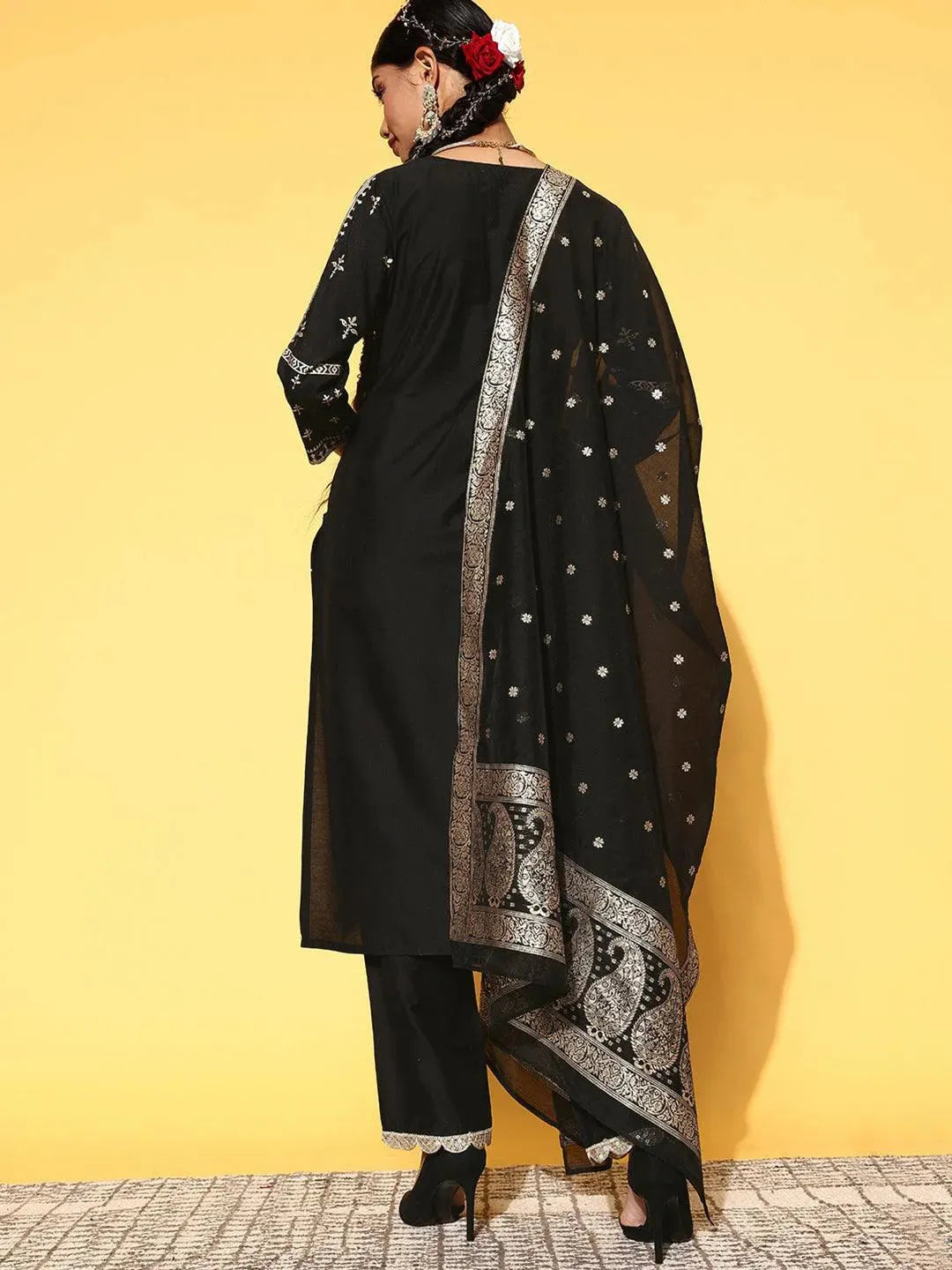 Black Printed Silk Blend Straight Suit Set - Libas