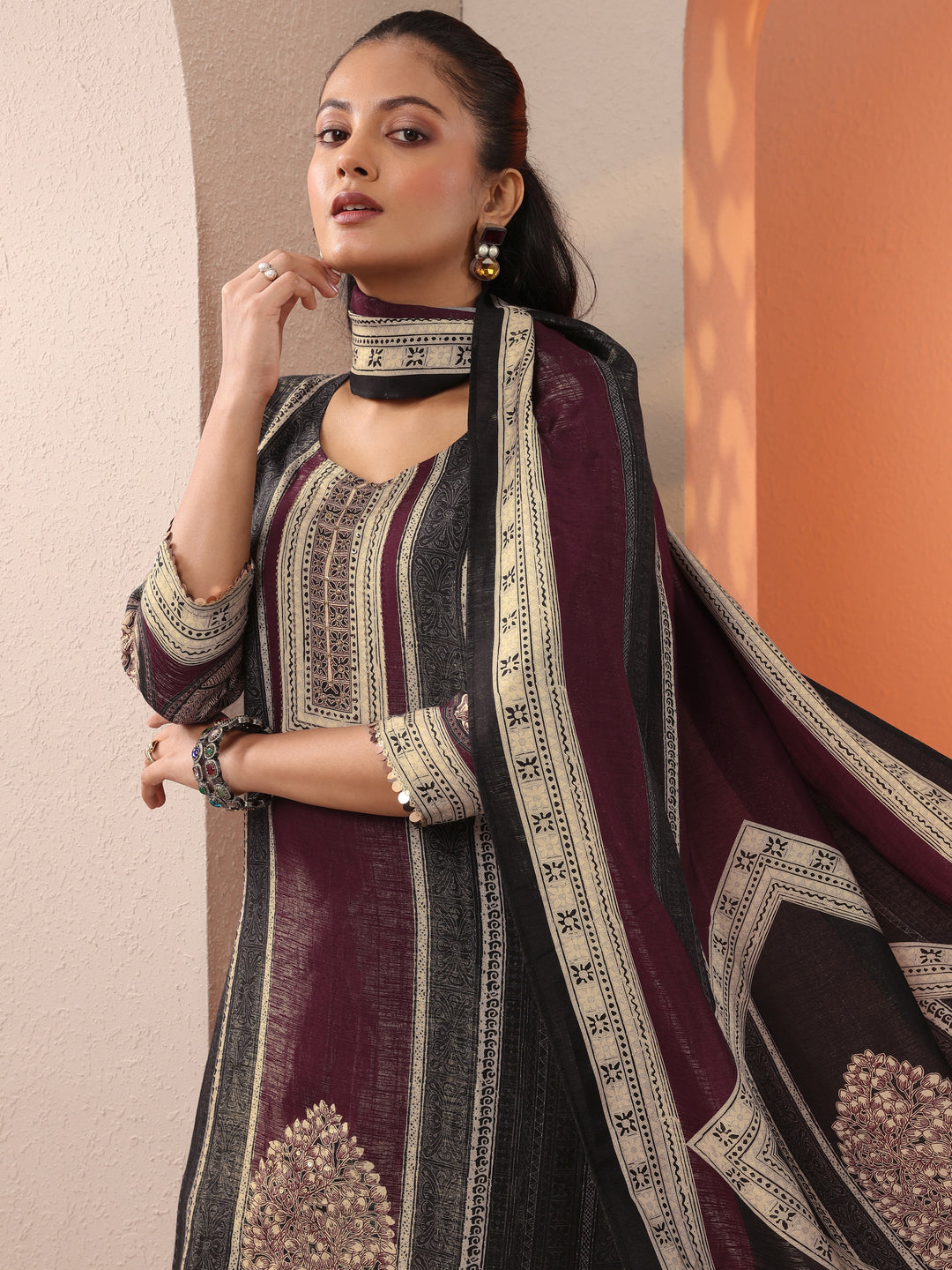 Black Printed Silk Blend Straight Suit Set With Dupatta