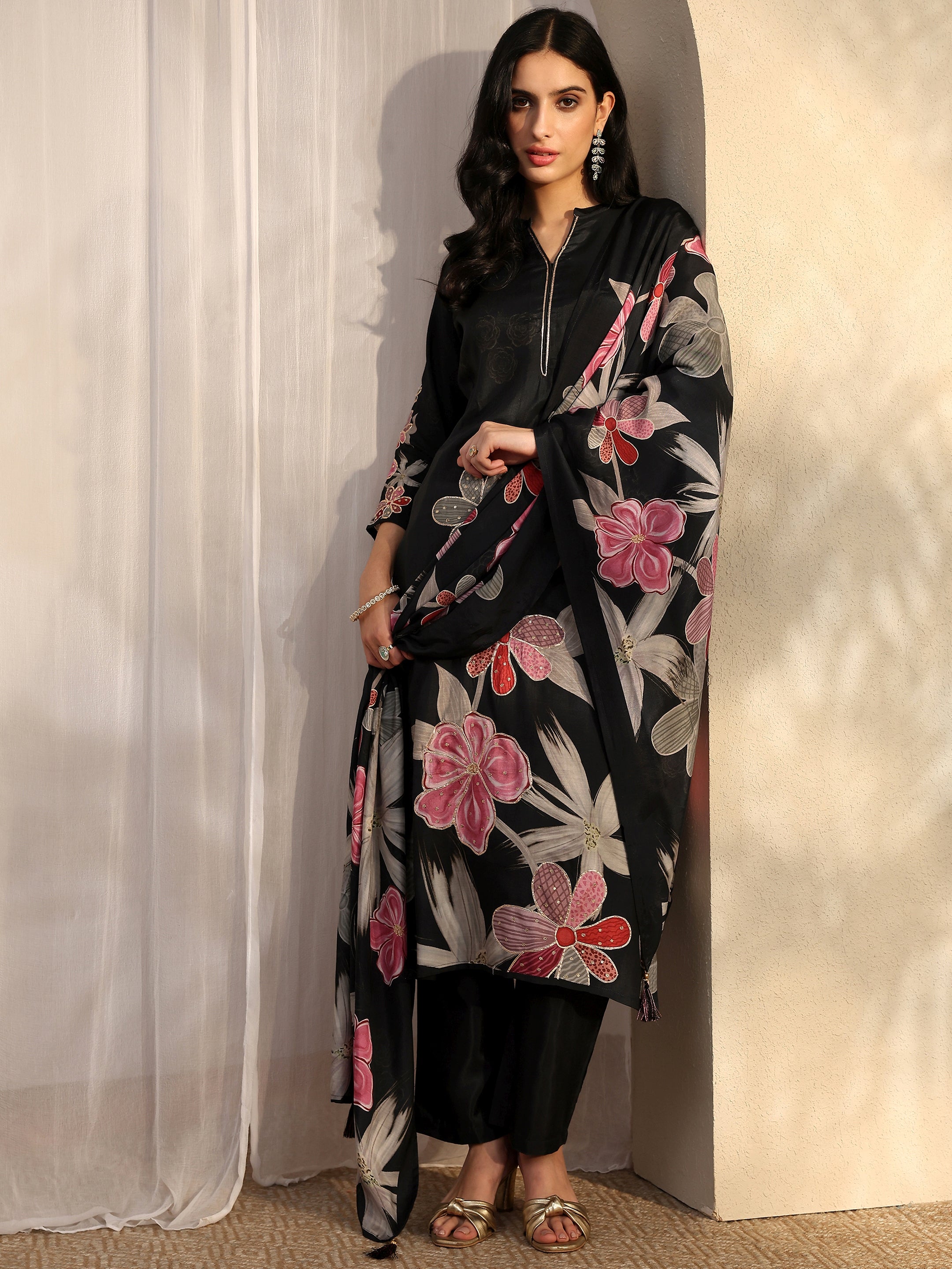libas Black Printed Silk blend Straight Suit Set With Dupatta-picture-17