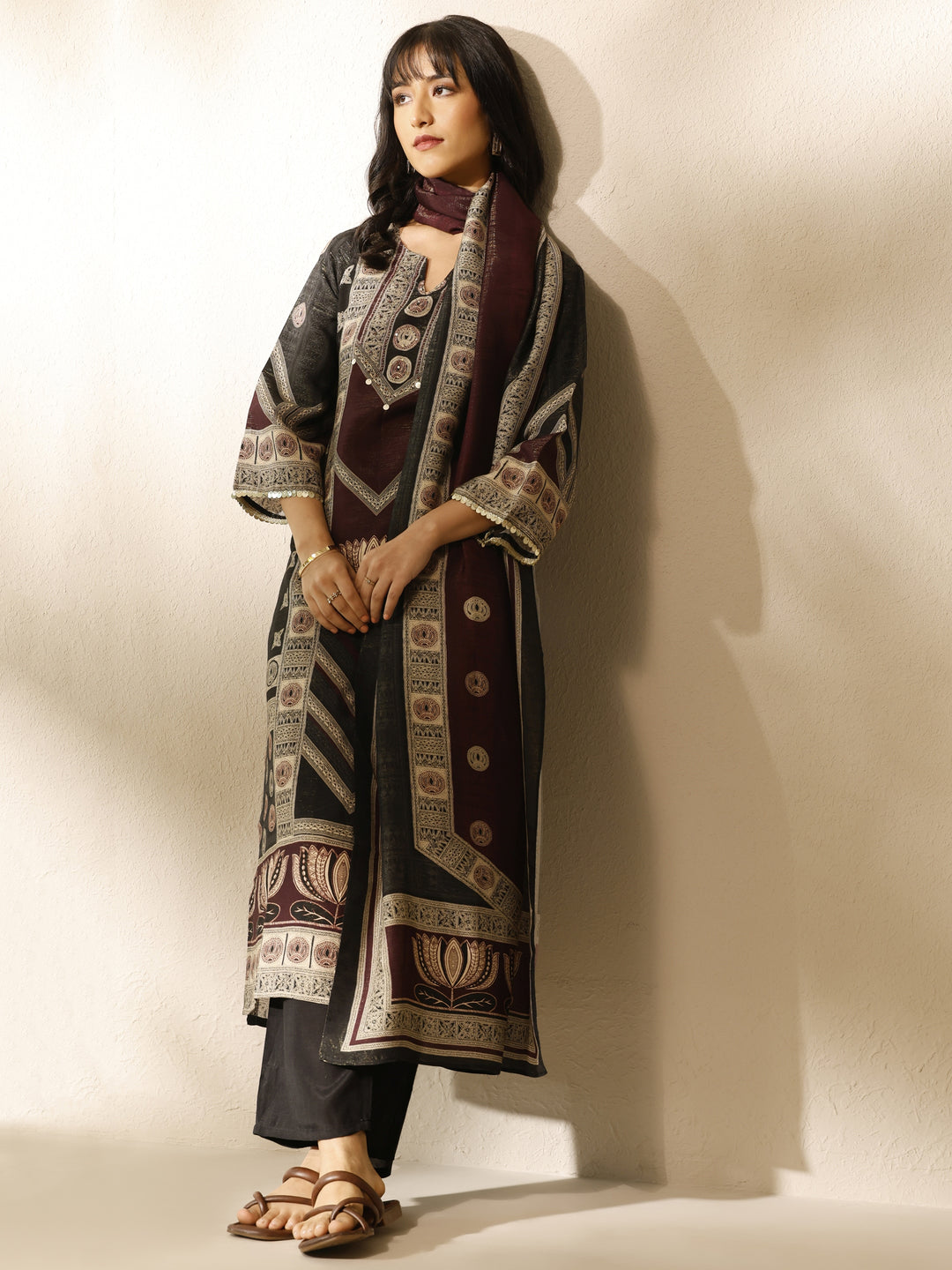 Black Printed Silk blend Straight Suit Set With Dupatta