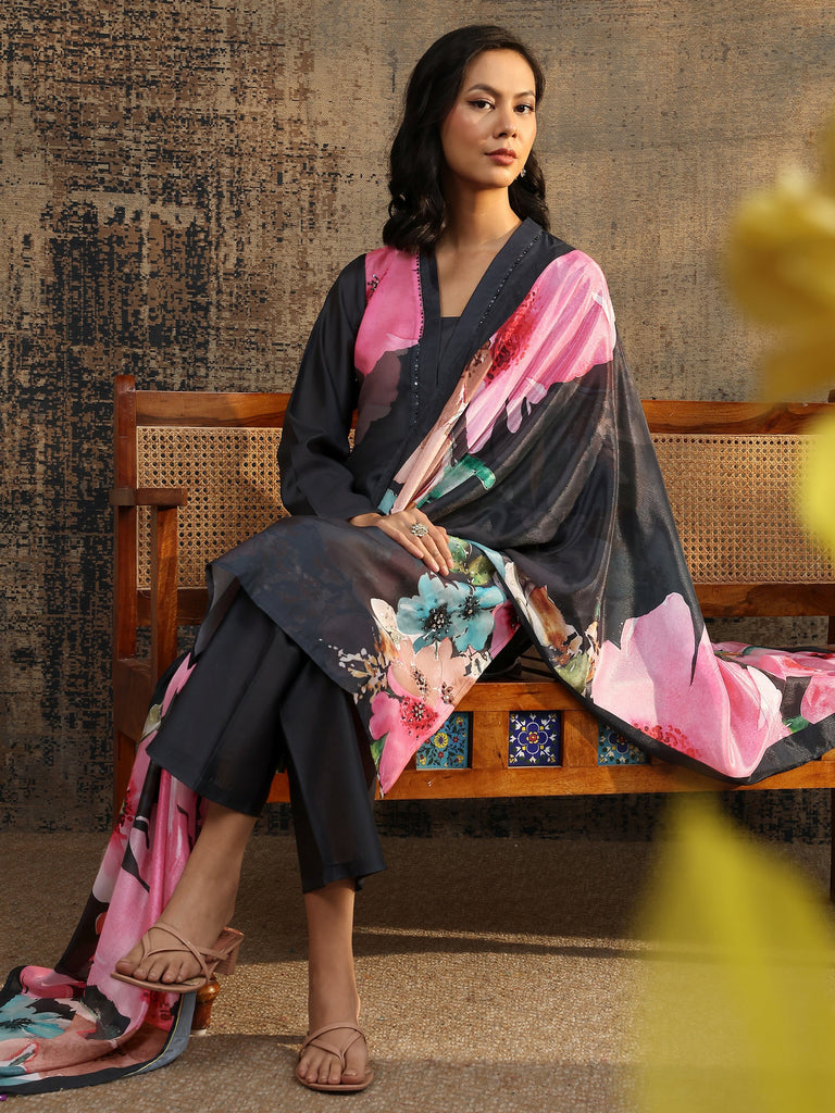 Libas Black Printed Silk Blend Straight Suit Set With Dupatta