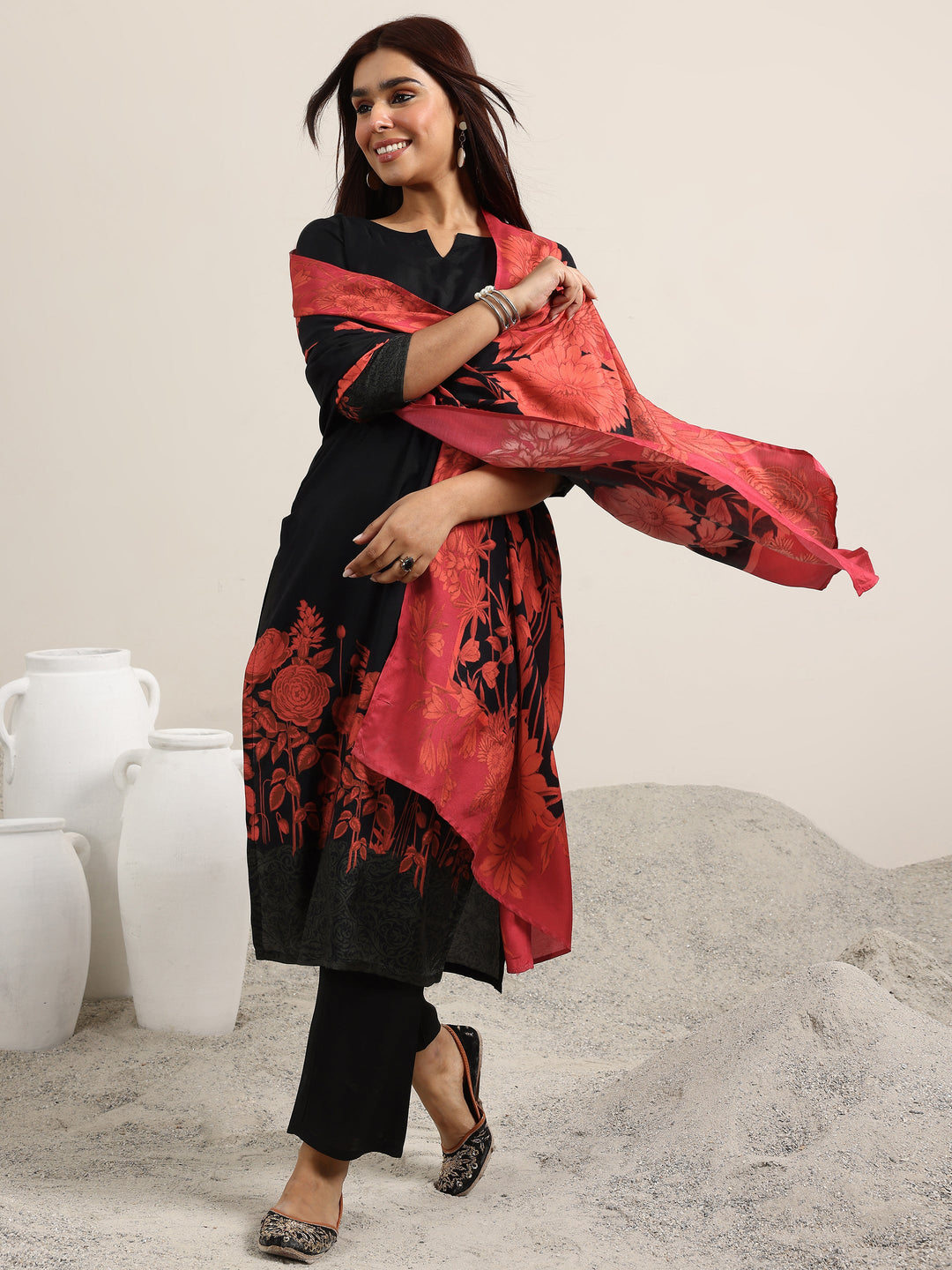  Black Printed Silk Blend Straight Suit With Dupatta 