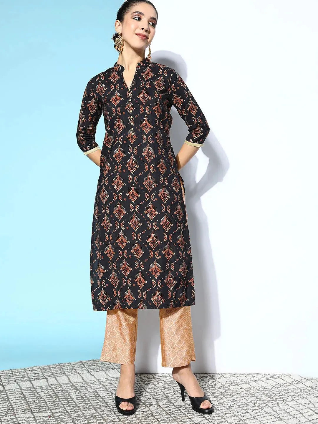 Black Printed Silk Straight Kurta - Libas