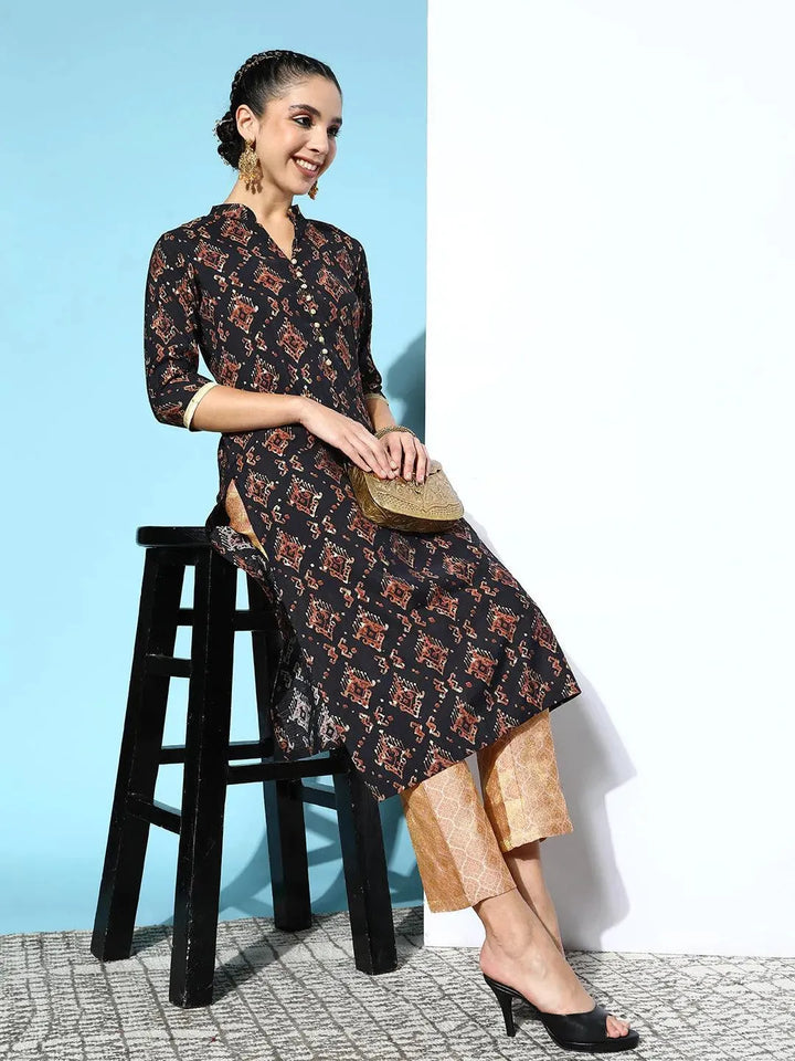 Black Printed Silk Straight Kurta - Libas