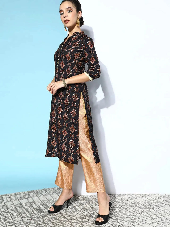 Black Printed Silk Straight Kurta - Libas