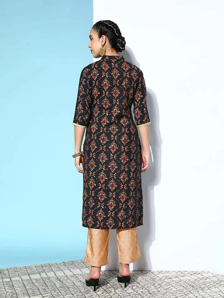 Black Printed Silk Straight Kurta - Libas