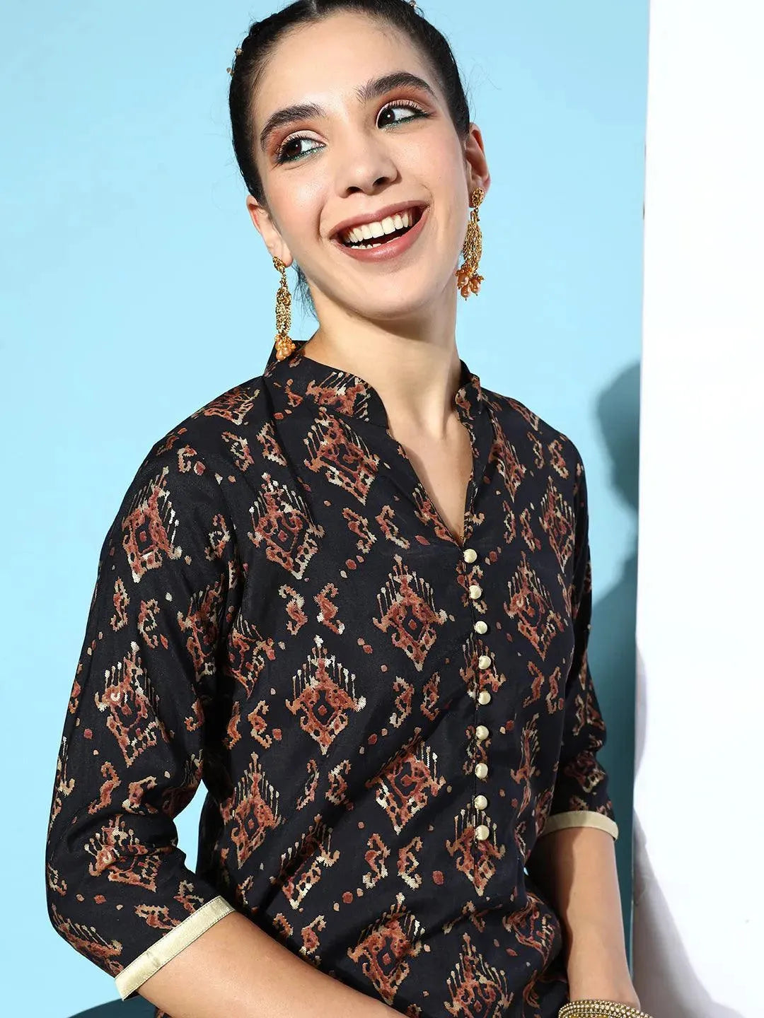 Black Printed Silk Straight Kurta - Libas 