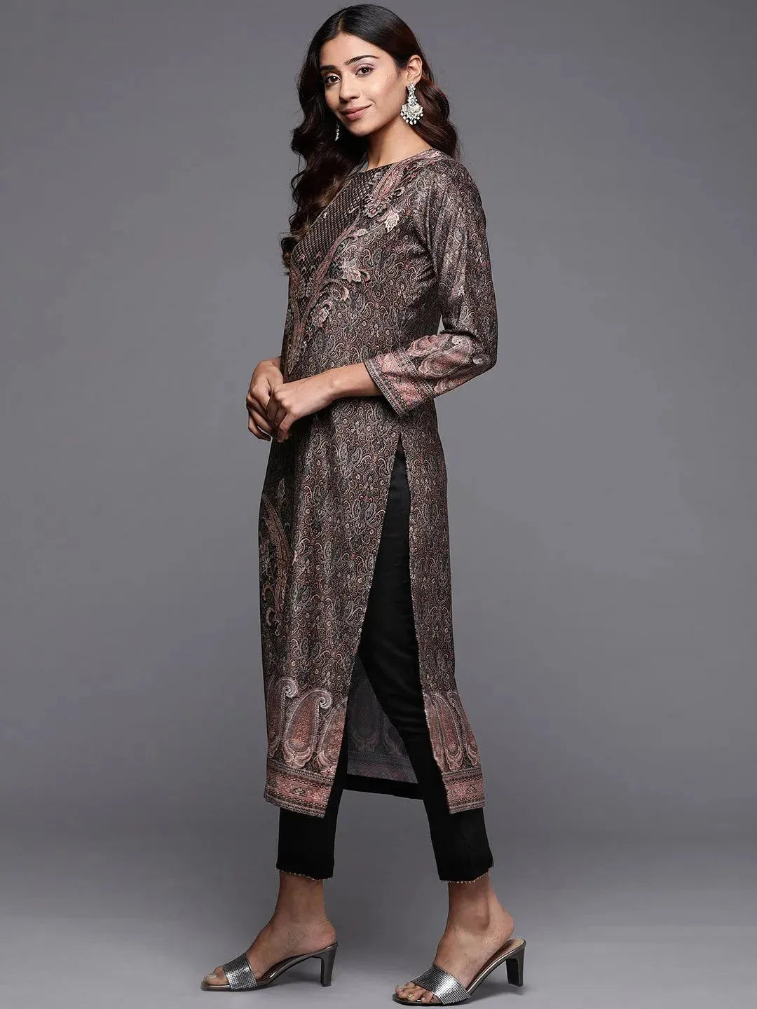 Black Printed Velvet Straight Kurta - Libas 