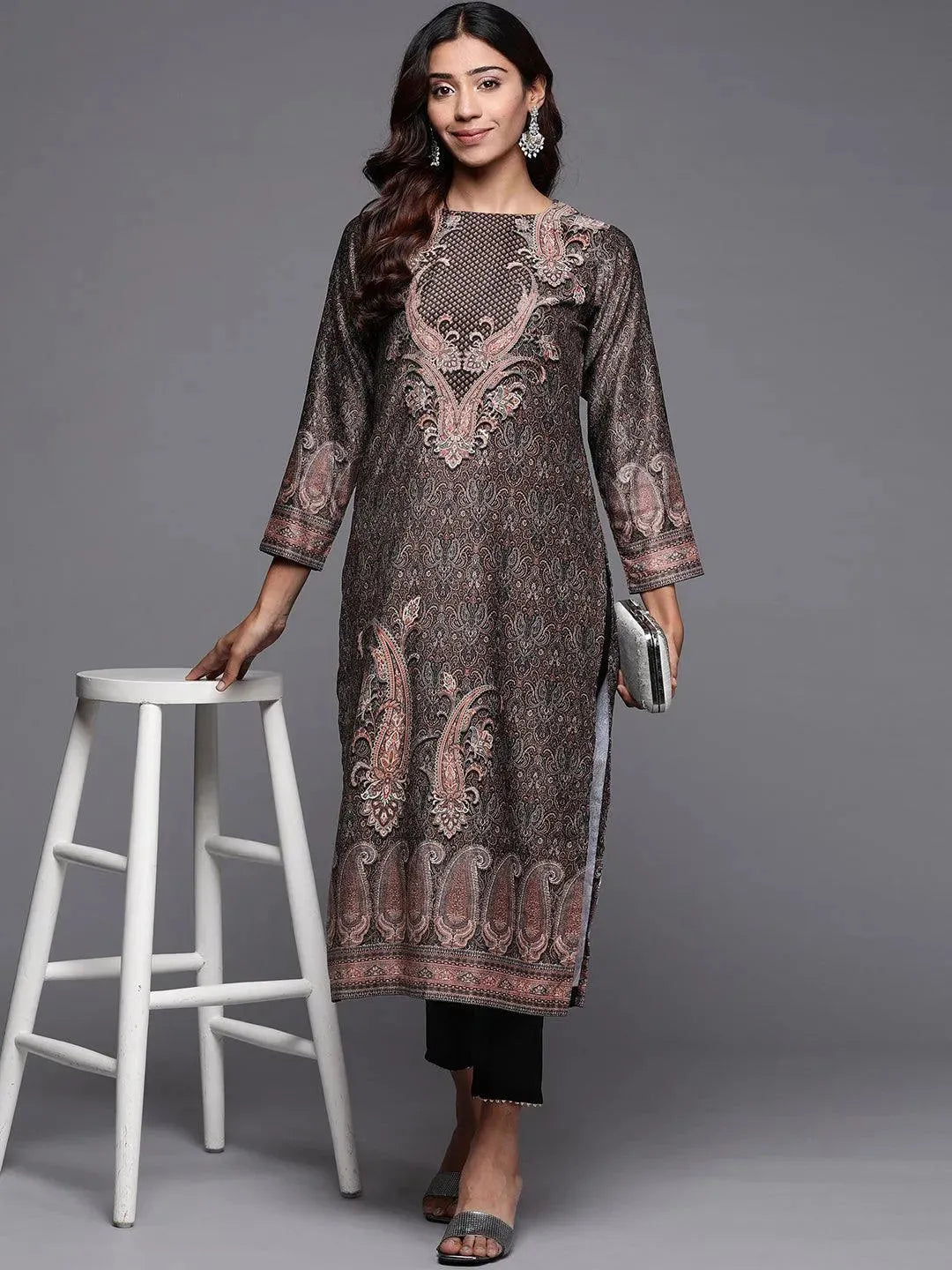 Black Printed Velvet Straight Kurta - Libas 