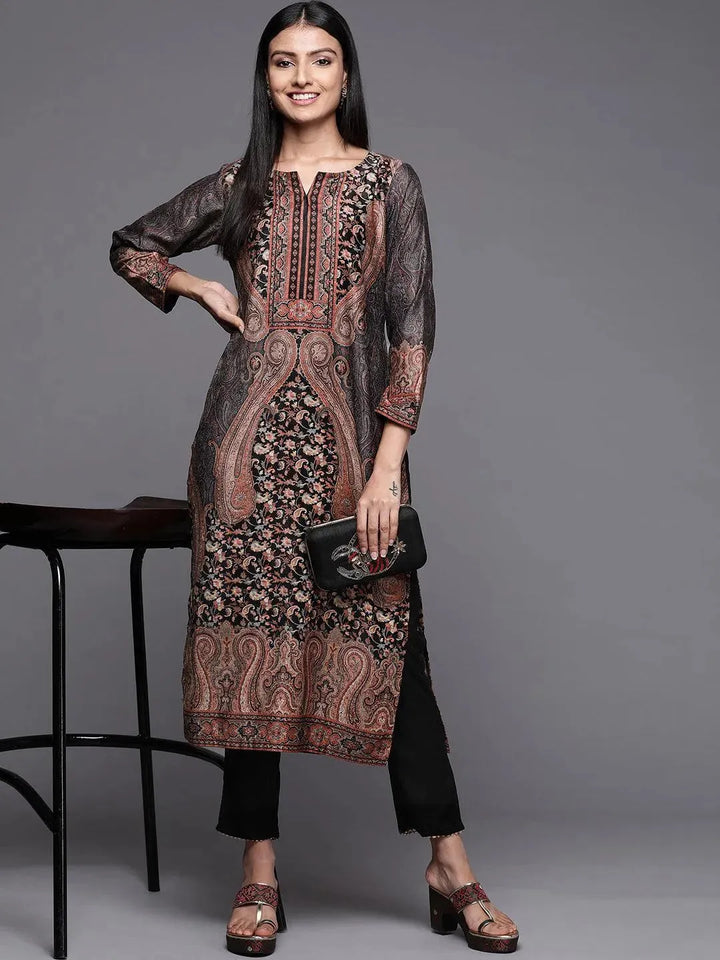Black Printed Velvet Straight Kurta - Libas