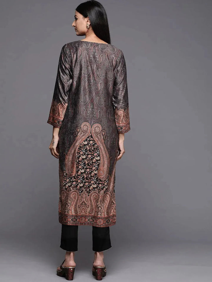 Black Printed Velvet Straight Kurta - Libas