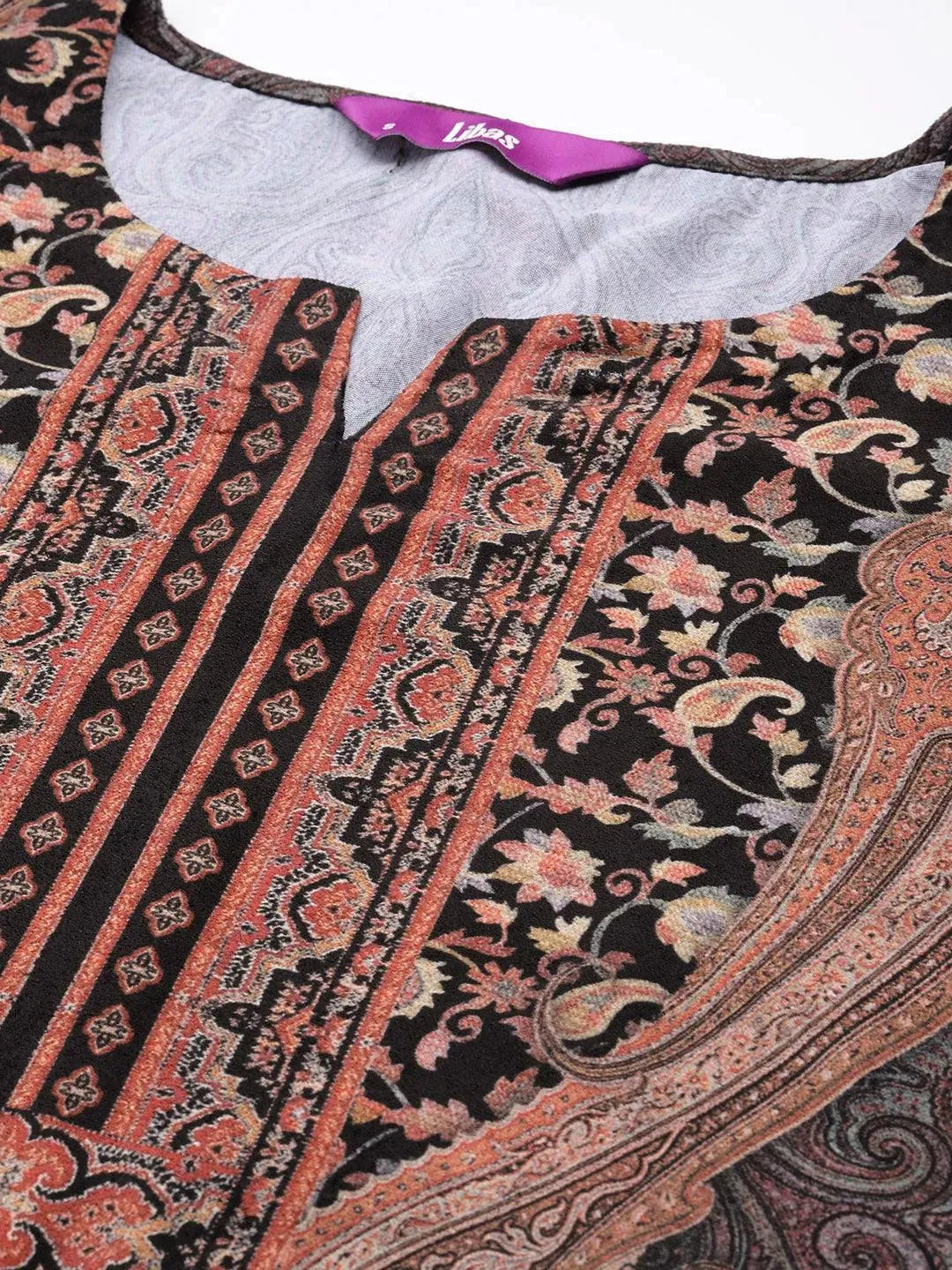 Black Printed Velvet Straight Kurta - Libas 