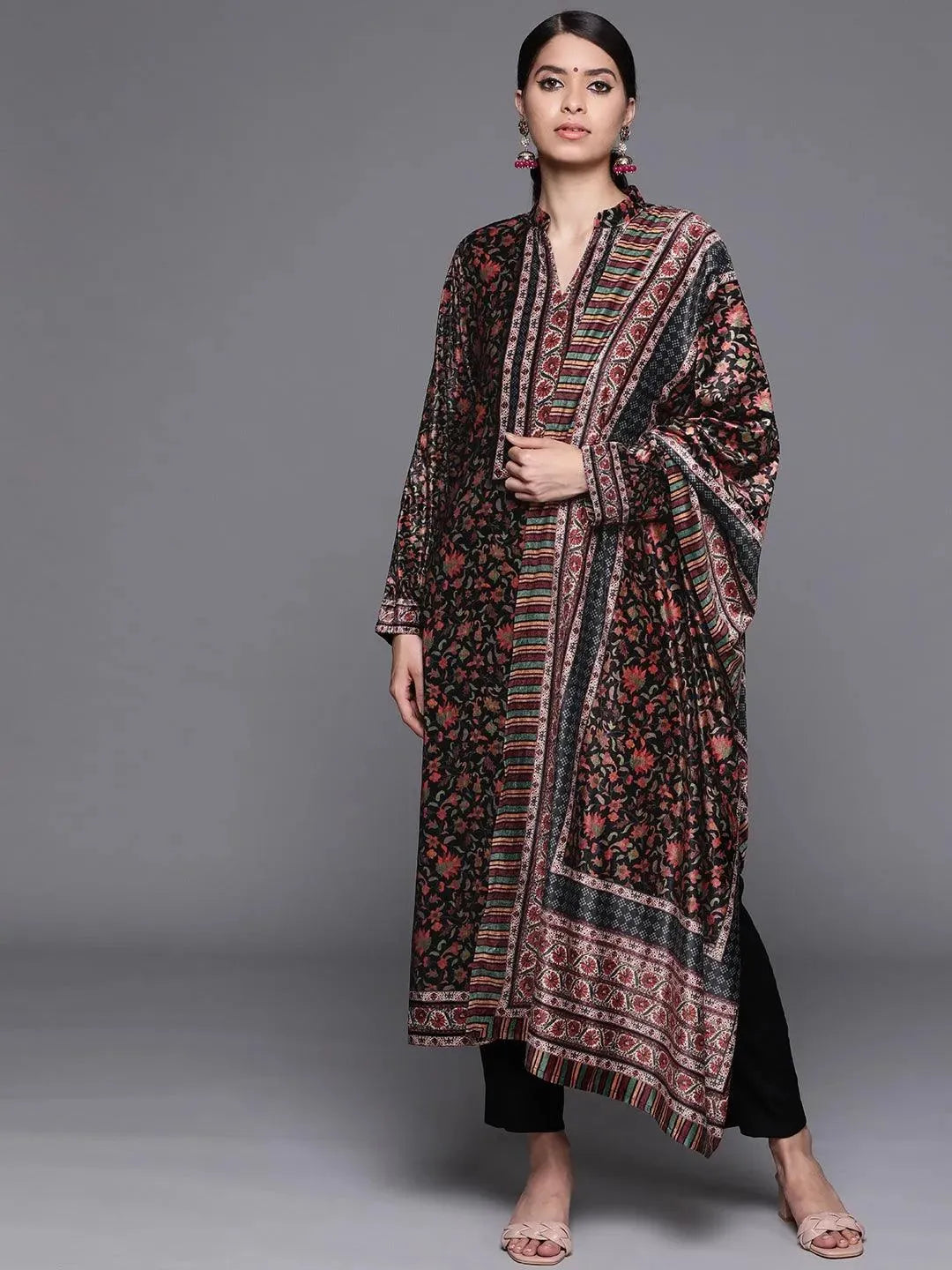 Black Printed Velvet Suit Set - Libas