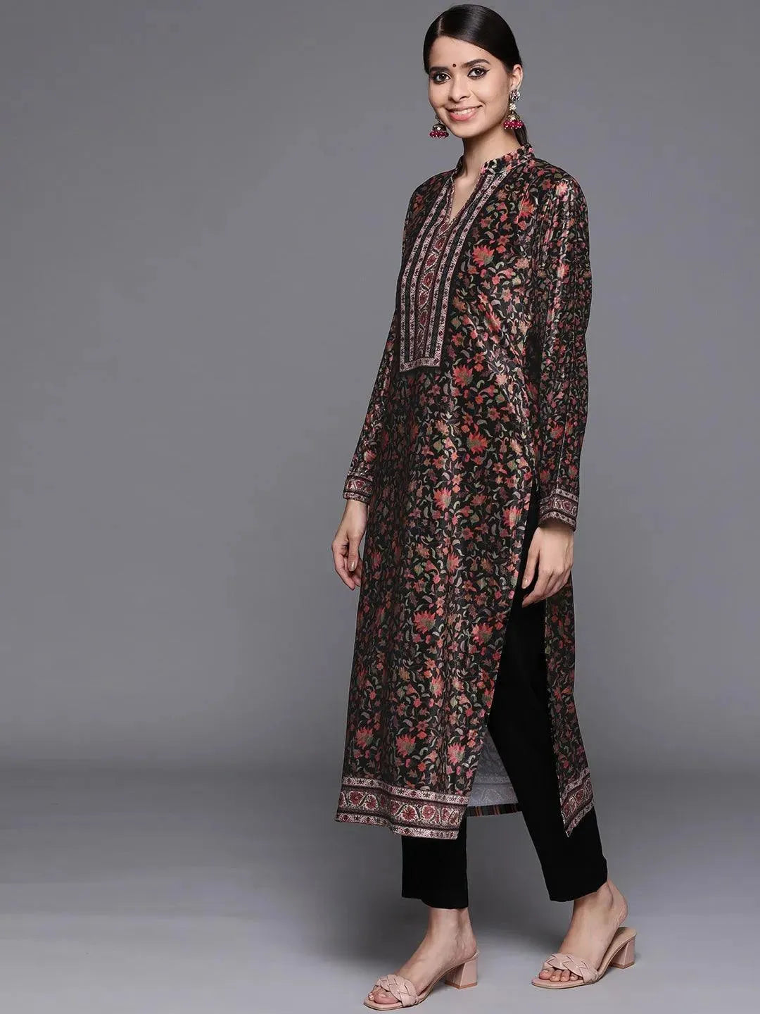 Black Printed Velvet Suit Set - Libas 