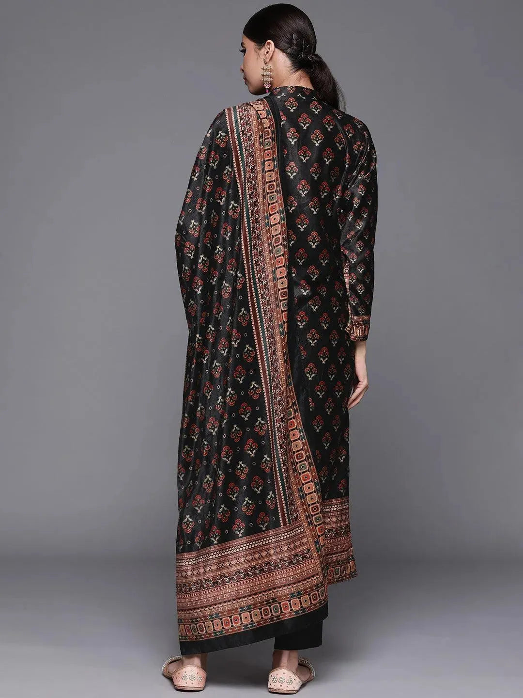 Black Printed Velvet Suit Set - Libas 