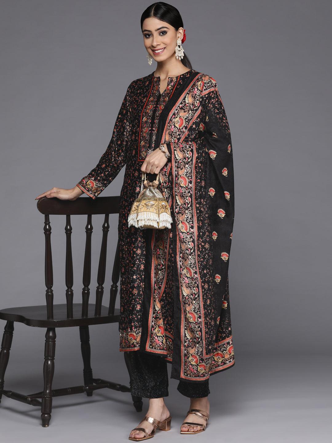 Black Printed Velvet Straight Suit Set With Trousers - Libas