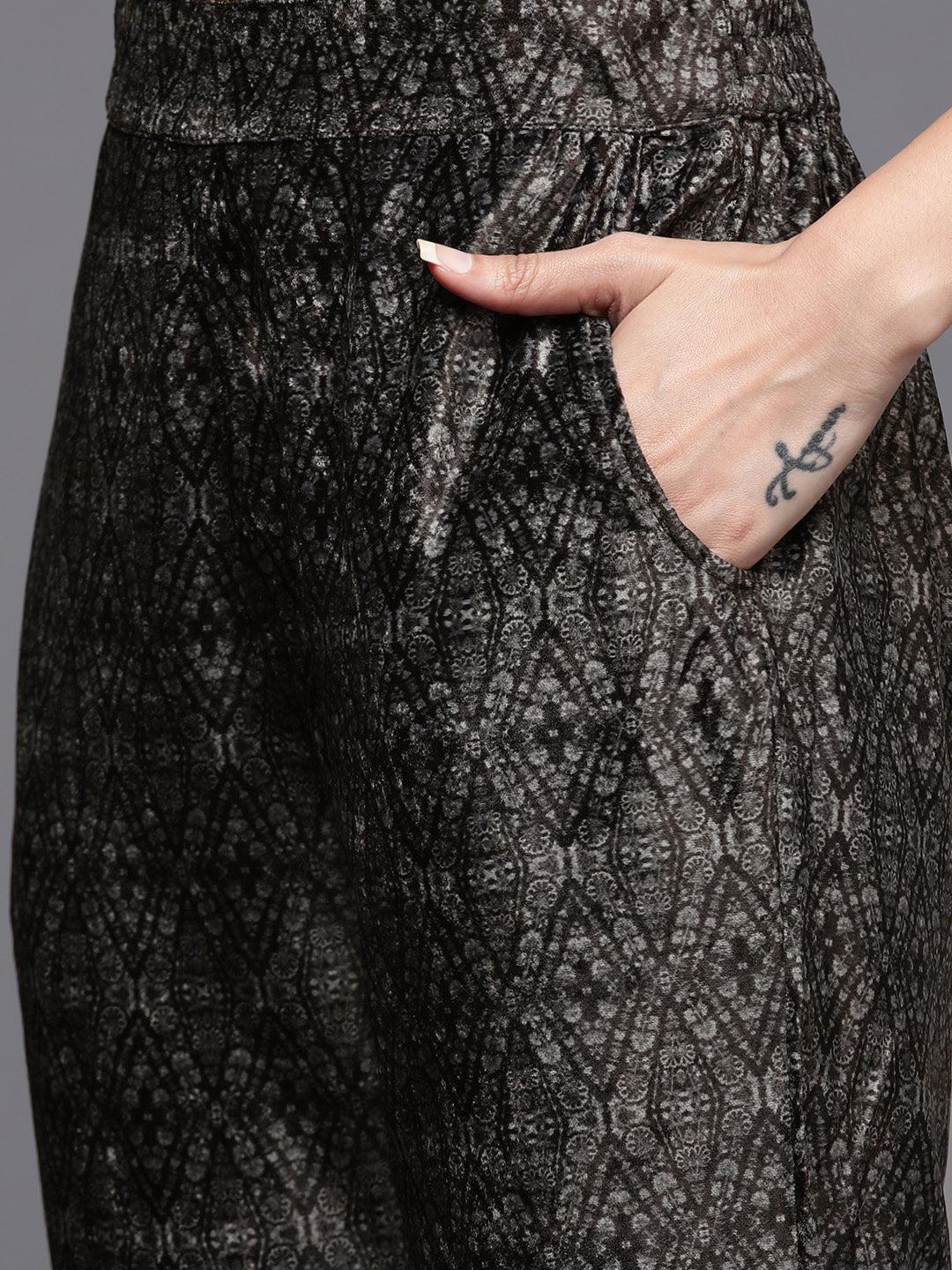 Black Printed Velvet Straight Suit Set - Libas