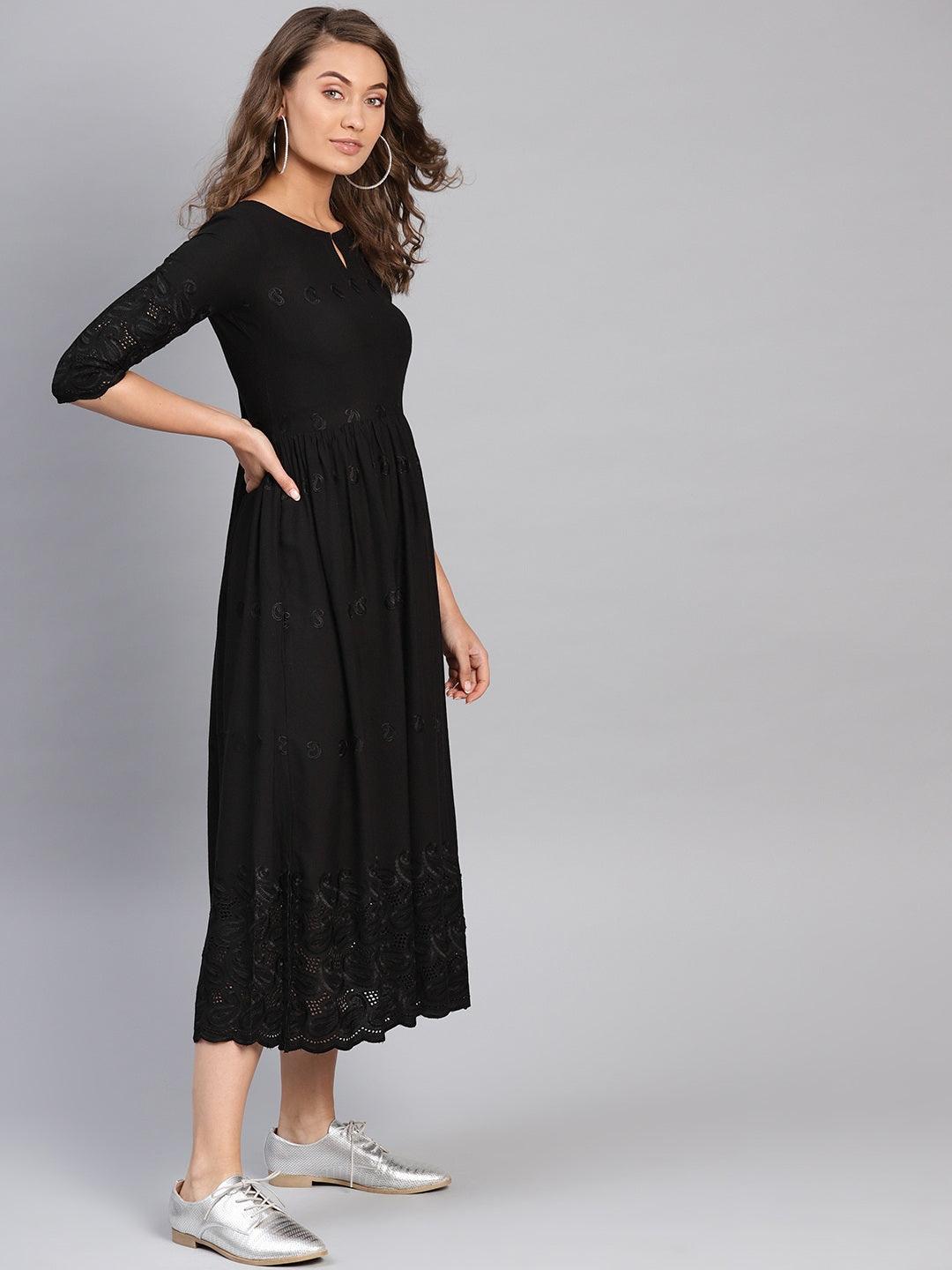 Black Schiffli Rayon Dress - Libas