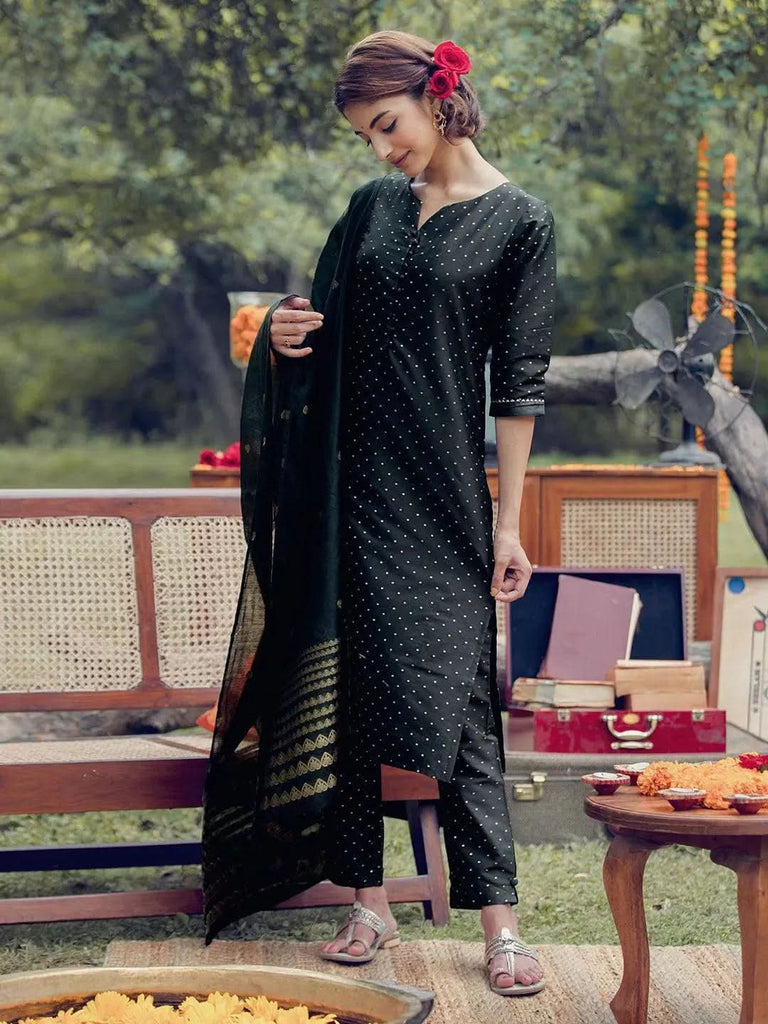 Libas Black Self Design Art Silk Straight Kurta With Trousers & Dupatta