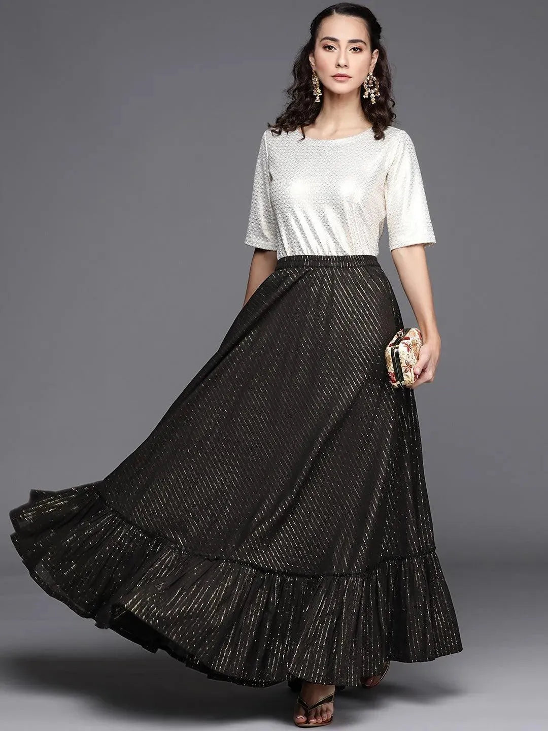 Black Self Design Cotton Skirt - Libas 