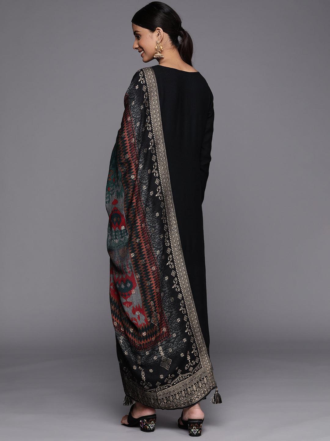 Black Self Design Pashmina Wool Straight Suit Set - Libas