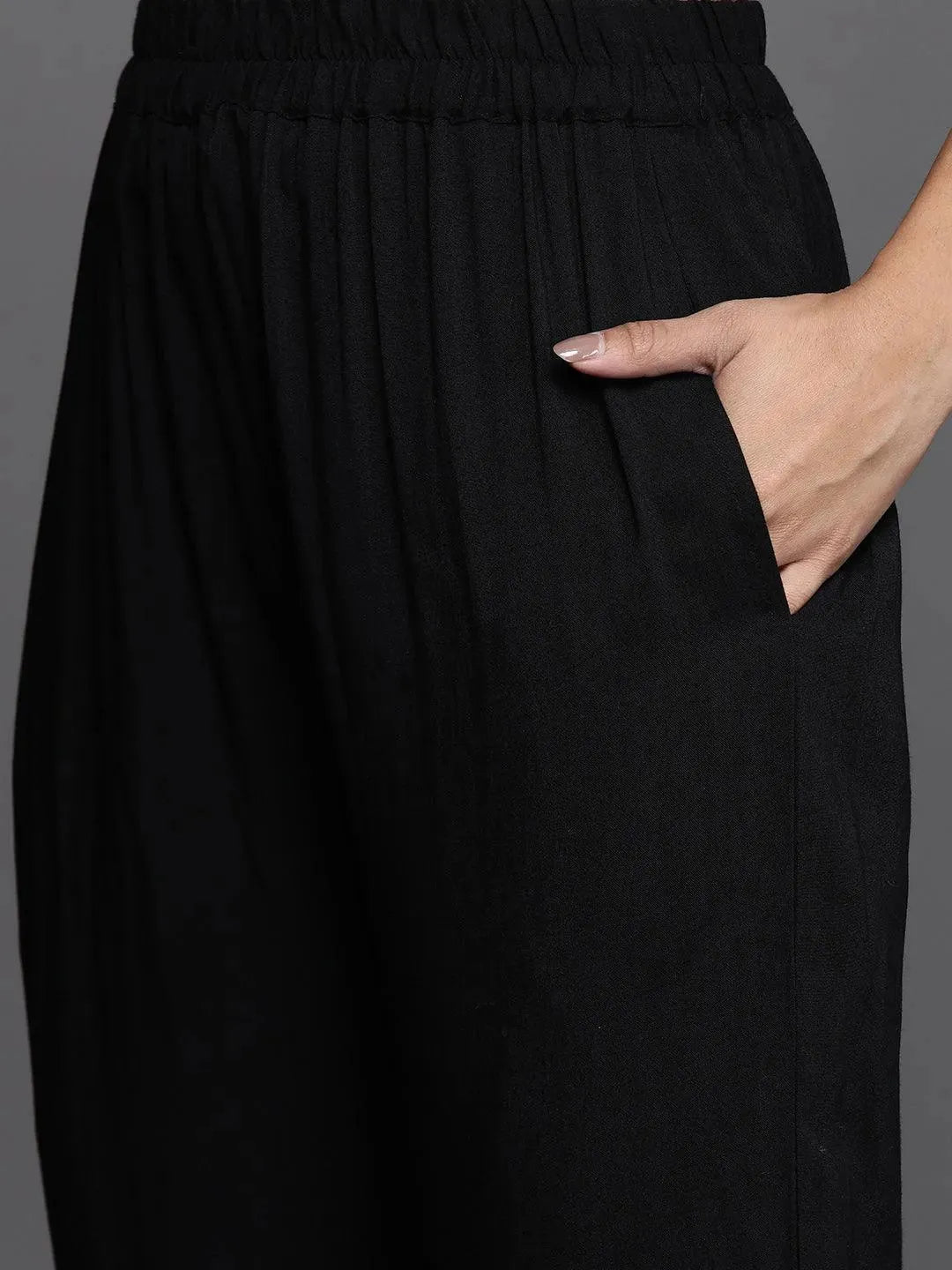 Black Self Design Pashmina Wool Straight Suit Set - Libas 