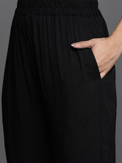 Black Self Design Pashmina Wool Straight Suit Set - Libas
