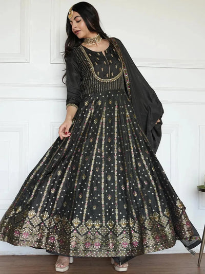 Black Self Design Silk Anarkali Kurta With Churidar & Dupatta - Libas