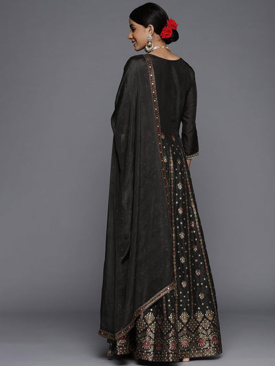 Black Self Design Silk Anarkali Suit Set - Libas