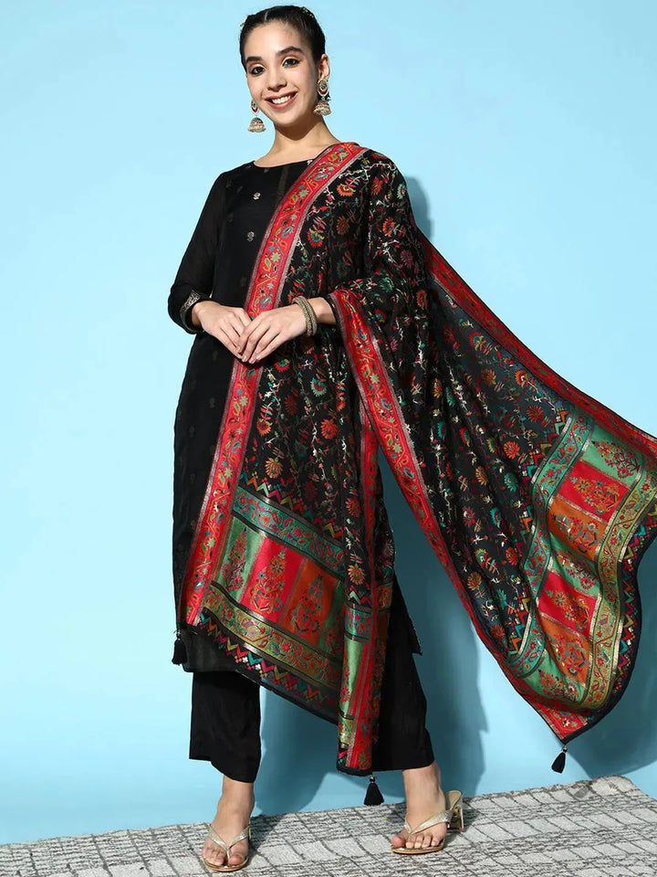 Black Self Design Silk Blend Straight Suit Set - Libas