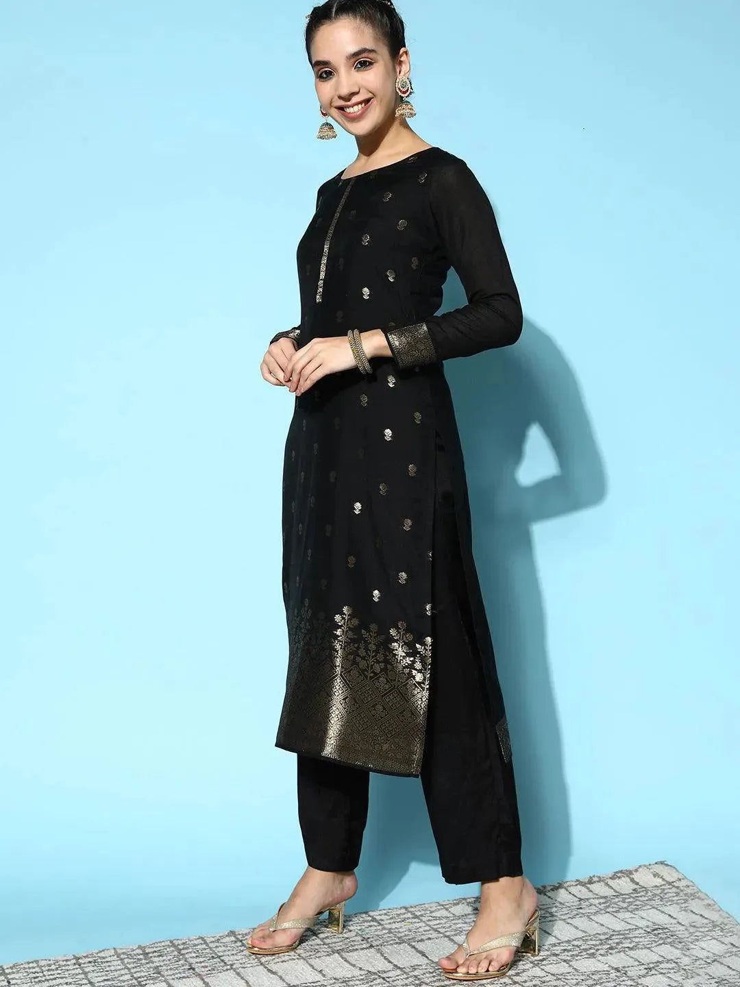 Black Self Design Silk Blend Straight Suit Set - Libas 