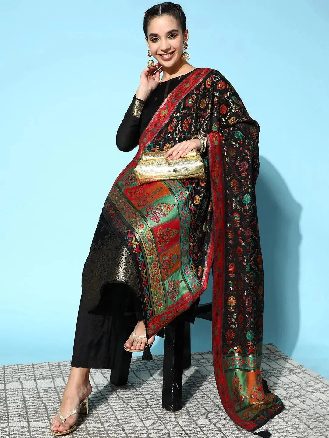 Black Self Design Silk Blend Straight Suit Set - Libas