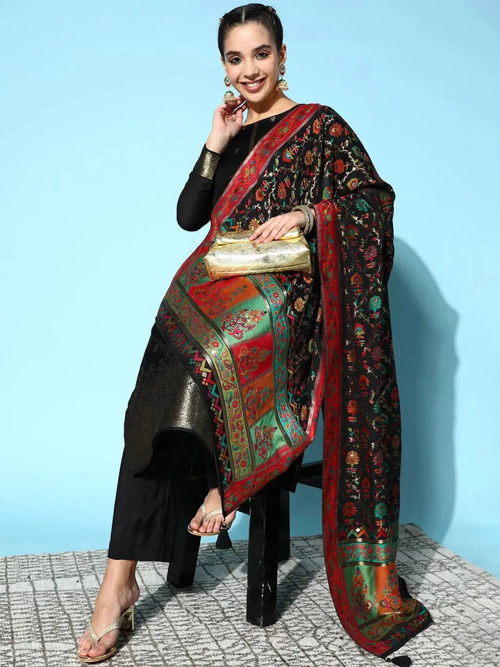 Black Self Design Silk Blend Straight Suit Set - Libas